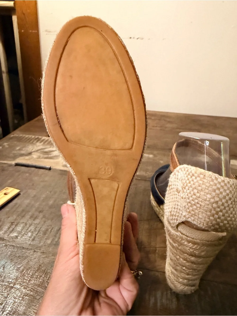 Navy Wedge Espadrille Sandals with Brown Ankle Strap